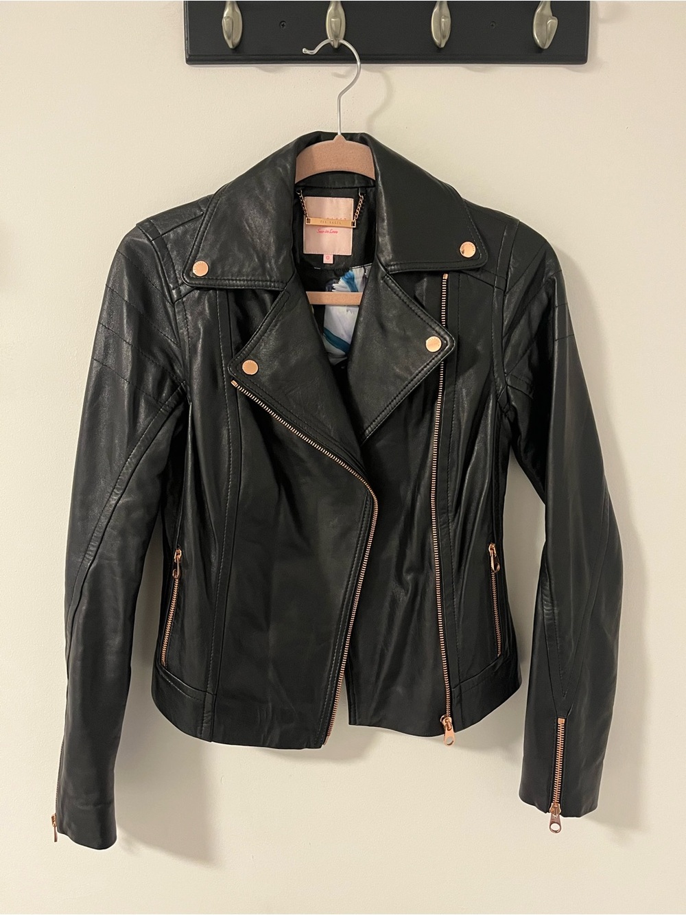 Ted Baker Black Leather Moto Jacket with Rose Gold Hardware
